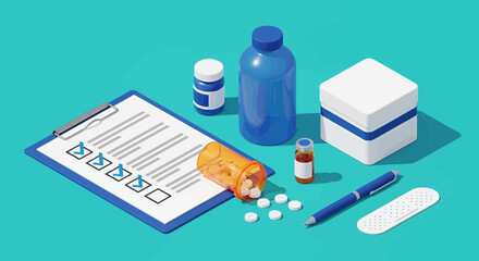 Health assessment and medical supplies management concept with checklist and various medications
