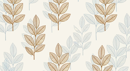 Elegant seamless pattern featuring hand-drawn golden and muted blue botanical foliage design