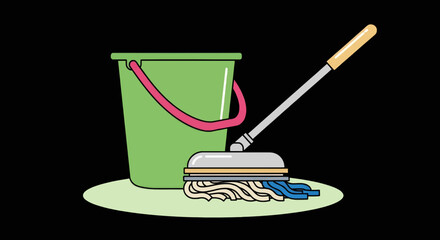 Classic cleaning essentials: a vibrant green bucket and a traditional string mop for tidying up floors