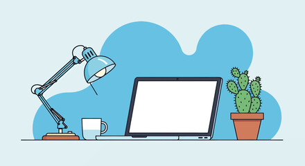 Productive home office setup featuring a laptop, desk lamp, and potted cactus for focused work