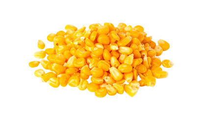 A vibrant pile of golden corn kernels against a black background. Each kernel is plump and glistening