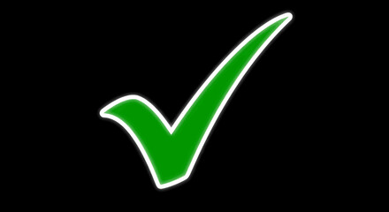 Green checkmark symbol with a bright white outline on a plain black background signifying correctness or completion