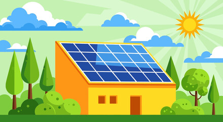 A sustainable yellow house with a large solar panel array on its roof under a sunny sky