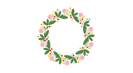 Charming floral wreath with pink blooms, green leaves, and vibrant berries on white