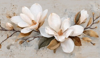 Floral composition featuring large white blossoms, buds, and delicate branches with brown-toned leaves, set against a textured beige backdrop