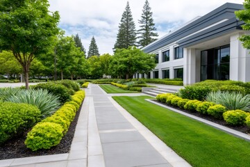 Fototapeta premium Modern office building exterior with landscaped campus