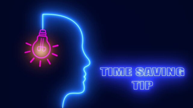 Time saving tip neon head with glowing bulb for efficient daily routines and productivity hacks for busy professionals
