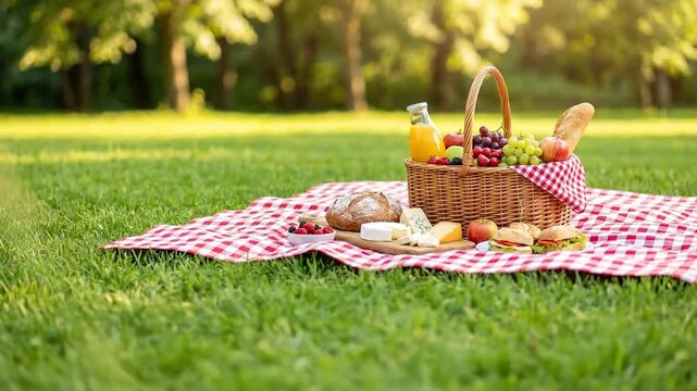Picnic Delight A Basket of Fresh Food on a Red and White Gingham Blanket in a Lush Green Park