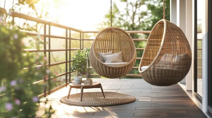 Obraz premium Wicker Hanging Chairs On A Sunny Balcony