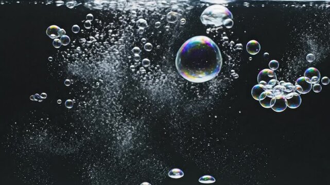 Close-up of Bubbles Rising in Dark Water with Rainbow Refractions.