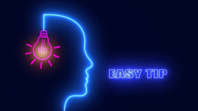 Neon mind outline with easy tip text ideal for effortless home management hacks and fast learning youtube shorts