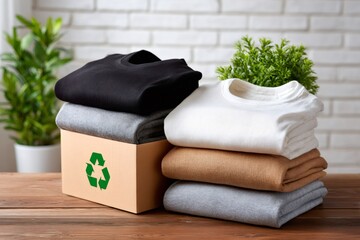 Clothes donation recycling textile waste on brown table