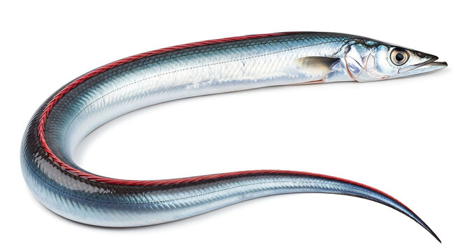 a fresh ribbonfish also called hairtail with sleek silver body and vibrant red dorsal fin curved on white background.