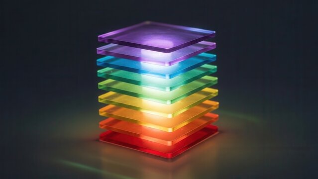 Luminous vibrant layered square sheets of translucent acrylic or glass, meticulously stacked vertically with subtle separation, illuminating upwards in a radiant rainbow gradient against a deep dark