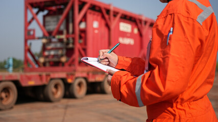 A safety officer is checking on safety checklist form during perform inspection at industrial...