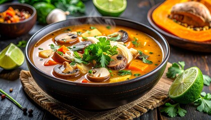 Steaming Vegetable Soup with Fresh Ingredients on Rustic Table