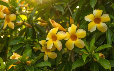 Obraz premium A beautiful macro shot of blooming yellow flowers and exotic tropical frangipani blossoms adds vibrant spring beauty to a lush summer garden
