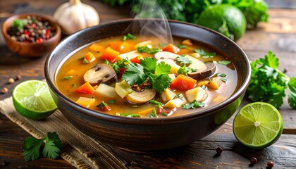 Steaming Vegetable Soup with Fresh Ingredients on Rustic Table