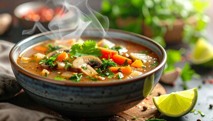 Steaming Vegetable Soup with Fresh Ingredients on Rustic Table