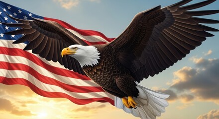 Fototapeta premium Memorial day tribute american eagle soaring with usa flag