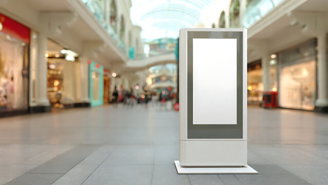 A blank advertising kiosk mockup on a template stand in a mall.