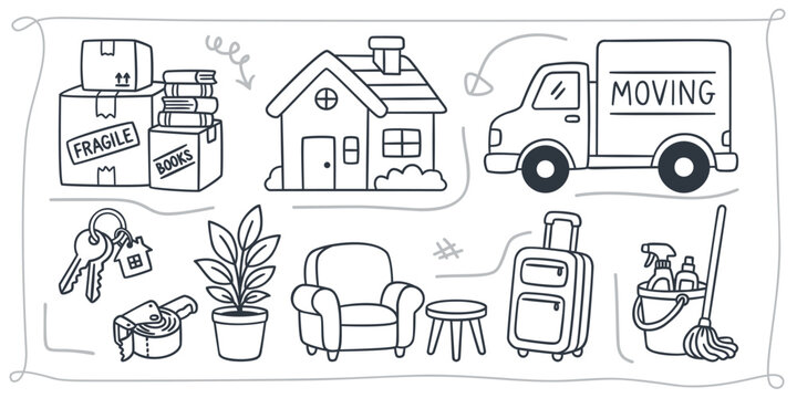 Set of hand drawn doodle illustration elements about moving house, real estate, furniture and cleaning supplies