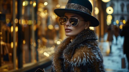 Fashion-forward woman in a luxurious fur coat and stylish hat, wearing sunglasses, walking through a city at night.