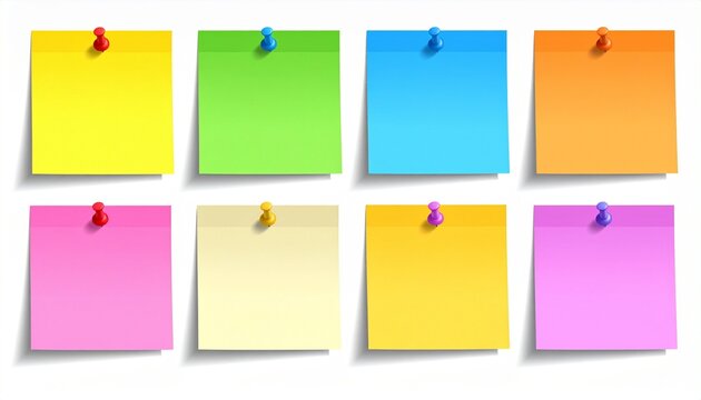 Colorful Sticky Notes with Pushpins in Grid Layout