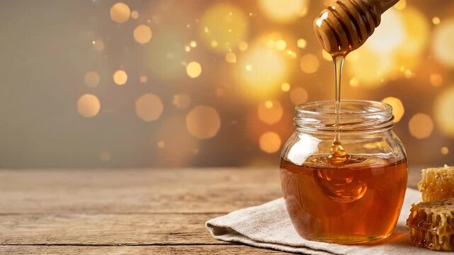 Delicious Honey Drizzling into a Glass Jar Sweet Treat, Healthy Food and Natural Sweetener