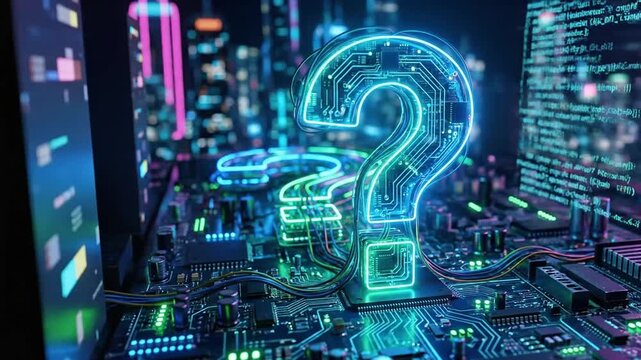 Cyberpunk Questions Futuristic Tech Circuit Board with Question Marks and Data