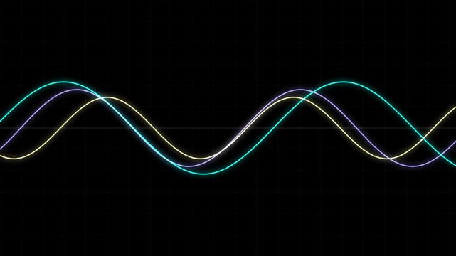 Dynamic colorful sine waves animation on black background. Triple flowing lines in cyan, yellow, and purple. Abstract frequency signal or network data movement. 