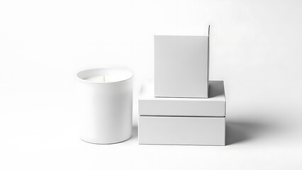 White candle and stacked boxes on white background white boxes minimalistic setup
