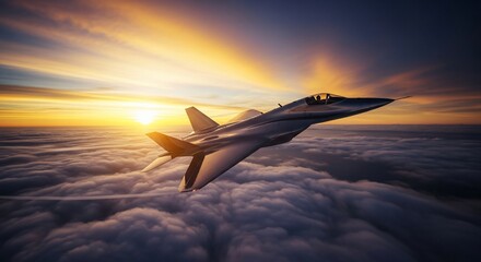 Fototapeta premium Fighter jet soaring through clouds at sunset