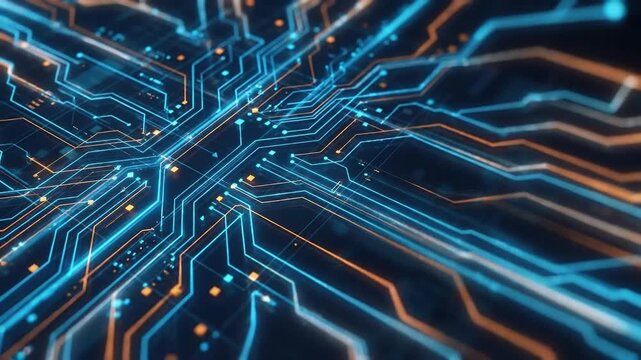 Futuristic Microchip Circuit Board Design with Glowing Blue and Orange Traces