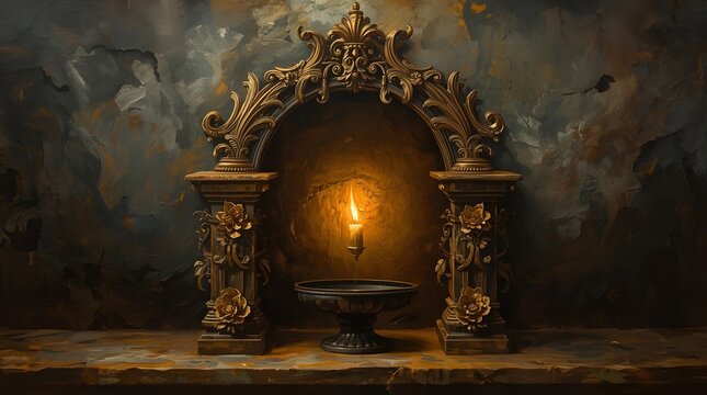 Una pintura al &oacute;leo de estilo barroco oscuro muestra un elaborado portavela de bronce bru&ntilde;ido que sostiene una vela encendida.