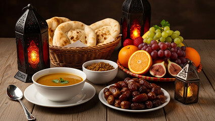 Traditional islamic iftar spread featuring a bowl of hearty lentil soup, fresh fruit platter, assorted dates, and warm bread alongside glowing decorative lanterns