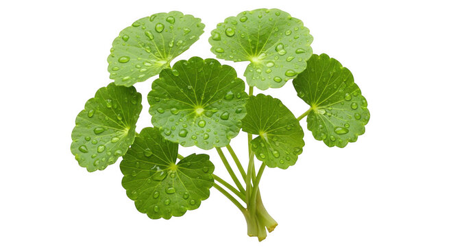 Fresh centella asiatica leaves with water droplets isolated on transparent background
