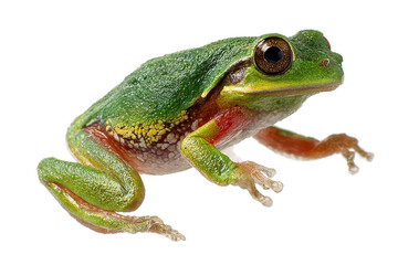 Fototapeta premium Bright green frog sitting on a white surface with clear details of its skin and eyes