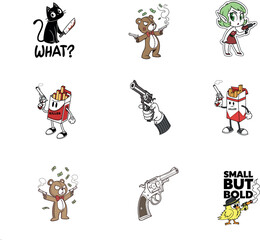Edgy Cartoon Sticker Set Featuring Funny Criminal Characters and Weapons