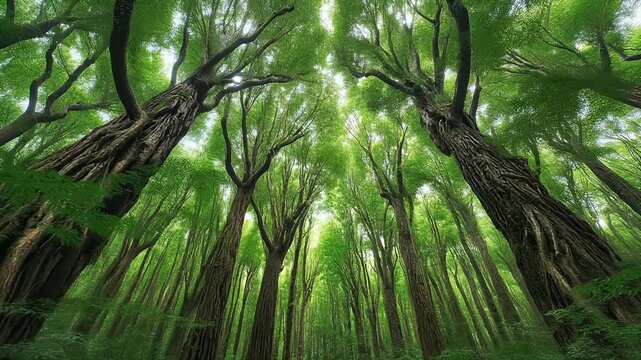 A verdant forest bathed in sunlight. Tall trees stretch towards the sky, their branches adorned with vibrant green leaves, forming a canopy. Sunlight filters down