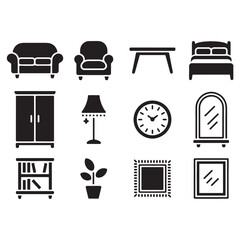 Household Furniture and Decor Vector Icon Set Home Silhouettes and Line Art