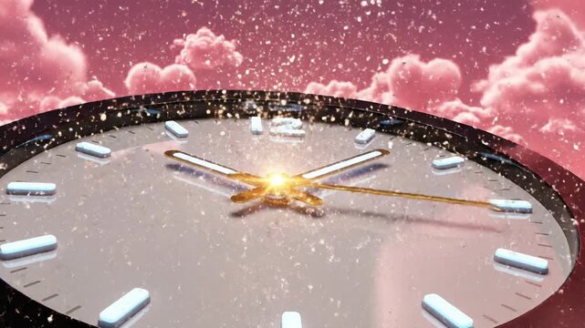 Magical Clock Face with Heart Clouds and Sparkling Explosion