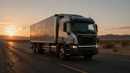 Obraz premium A modern semi truck drives along a highway during a vibrant desert sunset