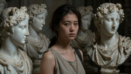 Young woman poses thoughtfully amidst classical marble busts in a museum