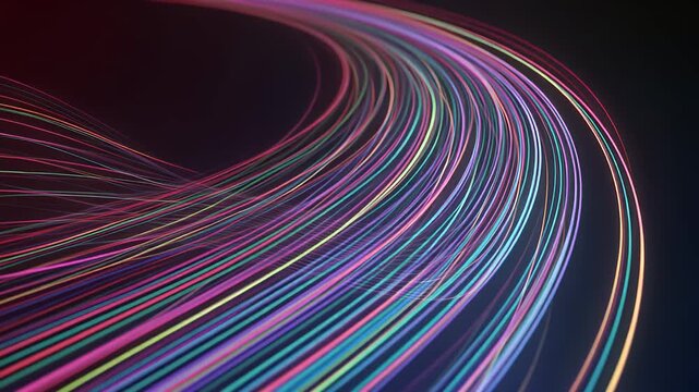 A vibrant abstract composition featuring curved, parallel lines in shades of red, pink, green, blue, and purple against a dark background