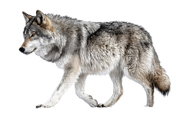 Obraz premium Wolf walking on a white background in a natural style with detailed fur and posture in a simple setting
