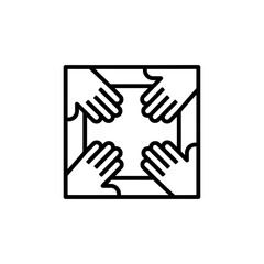 Fototapeta premium A meaningful vector image depicting four hands reaching inward toward a central square space to illustrate collective effort and community involvement