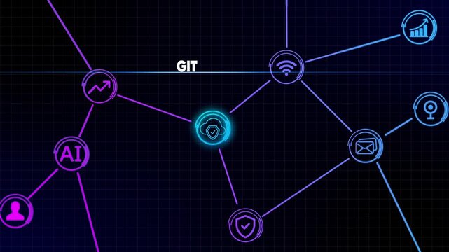 Digital Network Connections with GIT and AI Icons on Dark Grid Background technology data