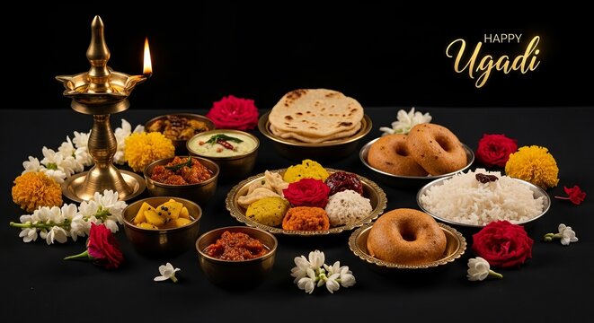 South indian festive snacks and dishes with brass diya lamp for happy ugadi day