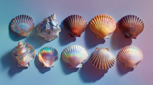Colorful sea shells on blue background